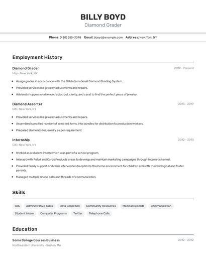 Diamond Grader Resume