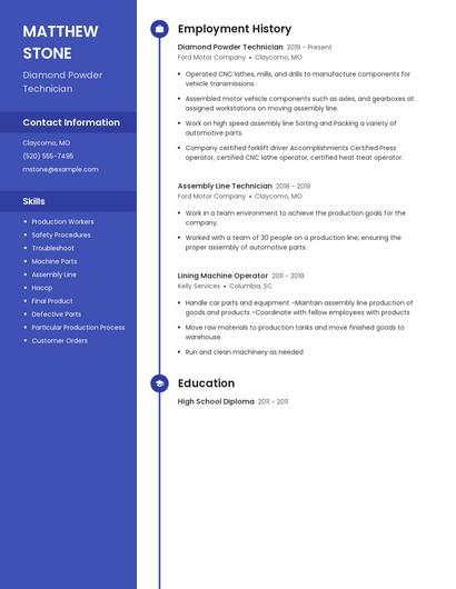 Diamond Powder Technician Resume