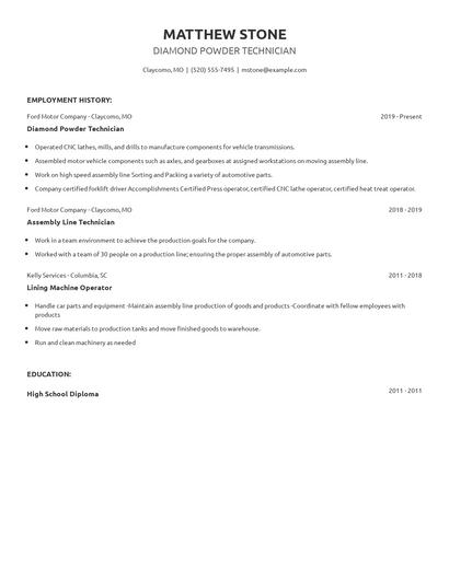 Diamond Powder Technician Resume