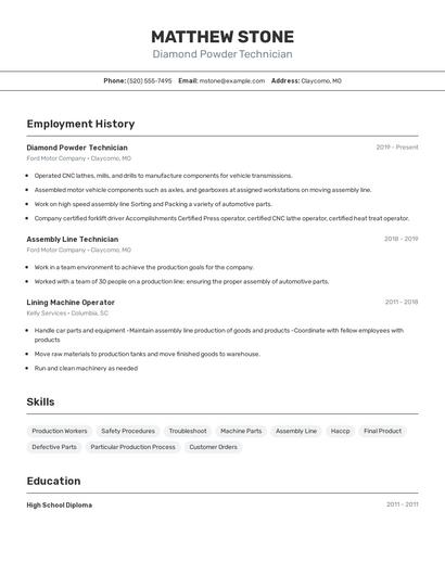 Diamond Powder Technician Resume