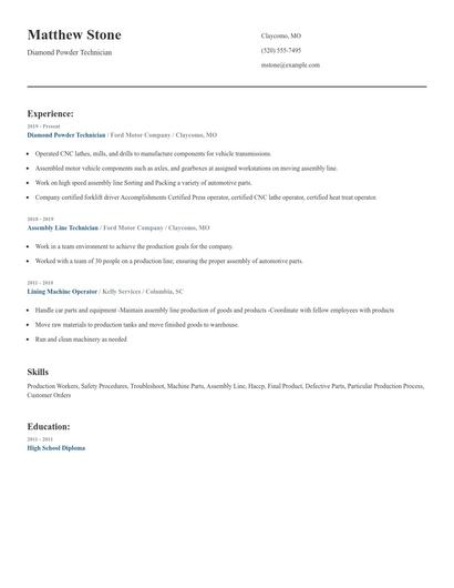 Diamond Powder Technician Resume