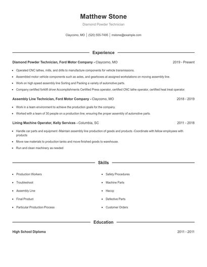Diamond Powder Technician Resume