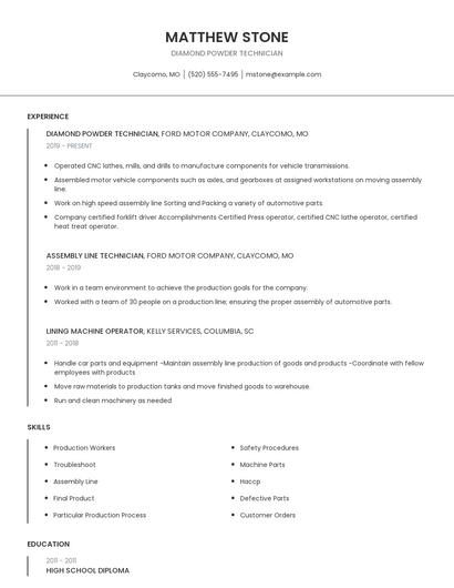 Diamond Powder Technician Resume