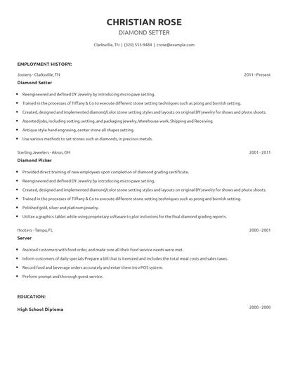 Diamond Setter Resume