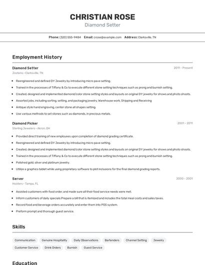 Diamond Setter Resume