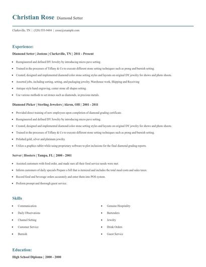 Diamond Setter Resume