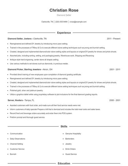 Diamond Setter Resume