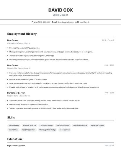 Dice Dealer Resume