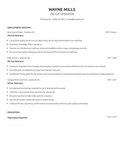 Die Cut Operator Resume