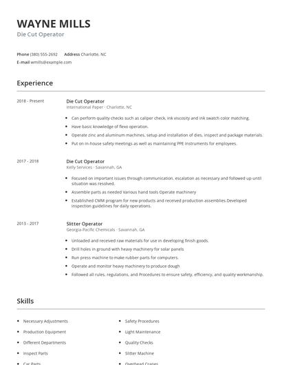 Die Cut Operator Resume