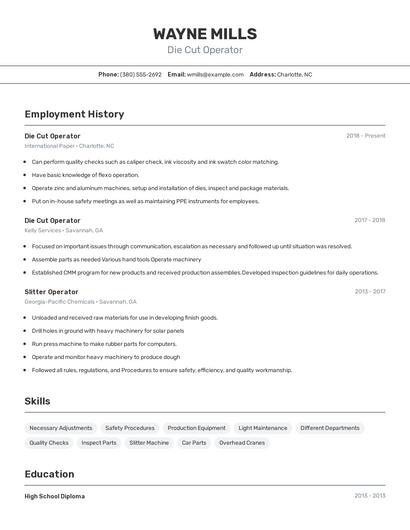 Die Cut Operator Resume