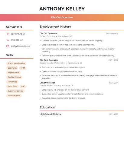 Die Cut Operator Resume