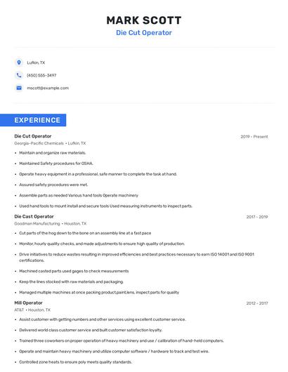 Die Cut Operator Resume