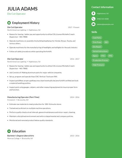 Die Cut Operator Resume