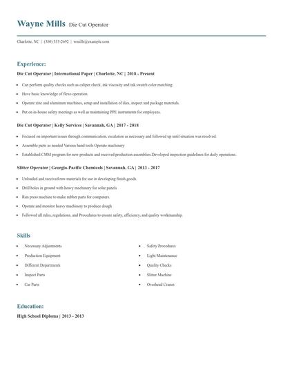 Die Cut Operator Resume