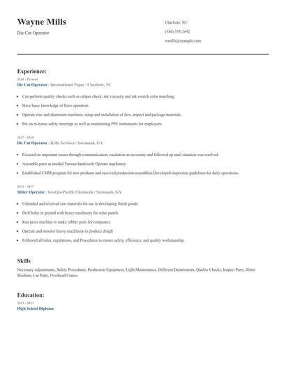 Die Cut Operator Resume