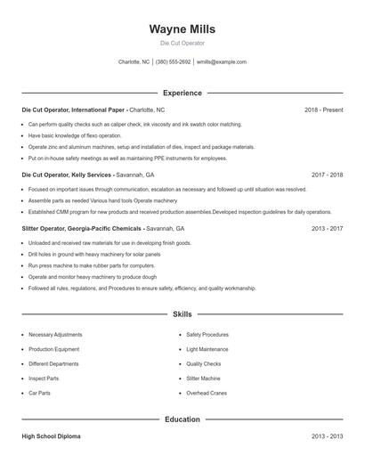 Die Cut Operator Resume