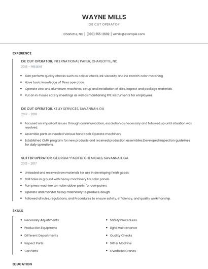 Die Cut Operator Resume
