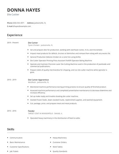 Die Cutter Resume