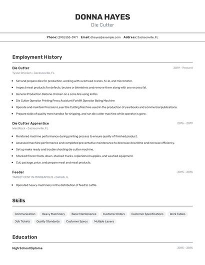 Die Cutter Resume