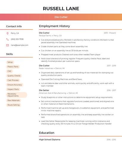 Die Cutter Resume