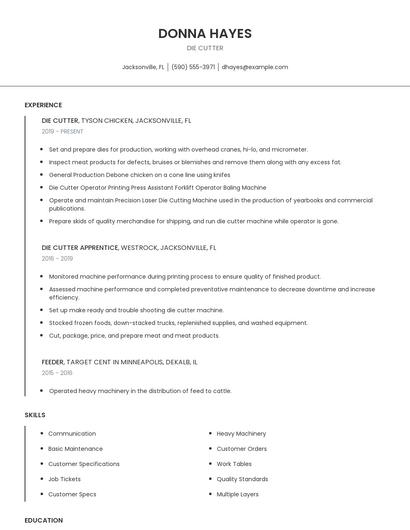 Die Cutter Resume