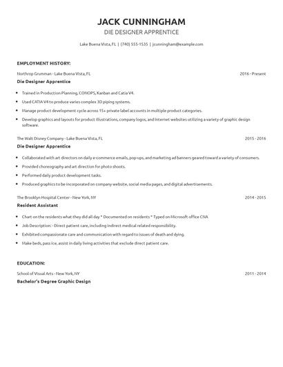 Die Designer Apprentice Resume