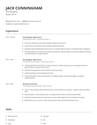 Die Designer Apprentice Resume