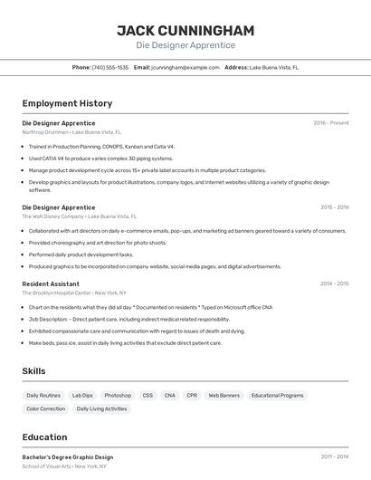 Die Designer Apprentice Resume