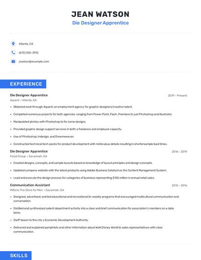 Die Designer Apprentice Resume