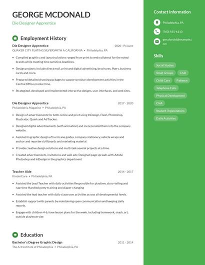 Die Designer Apprentice Resume