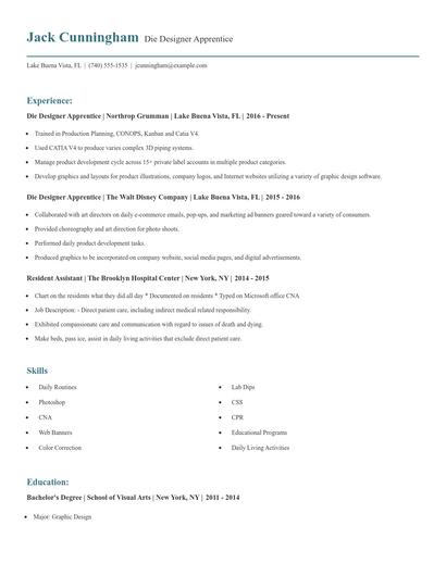 Die Designer Apprentice Resume