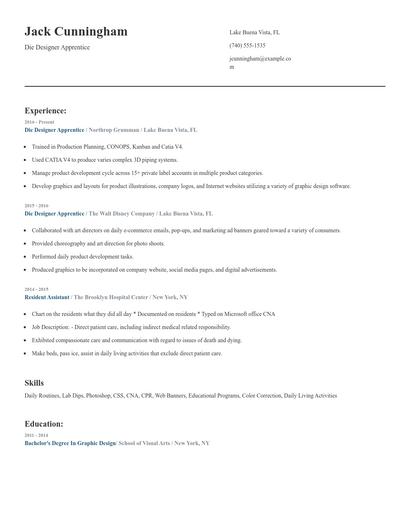 Die Designer Apprentice Resume