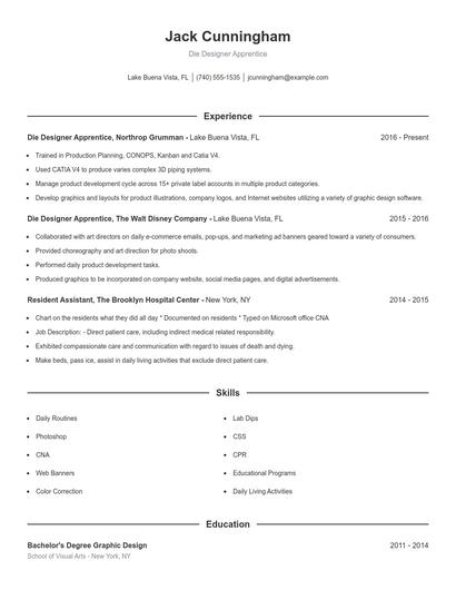 Die Designer Apprentice Resume
