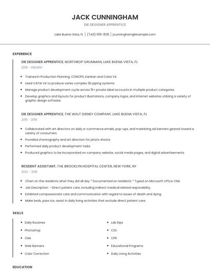 Die Designer Apprentice Resume