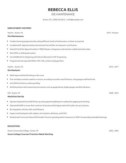 Die Maintenance Resume