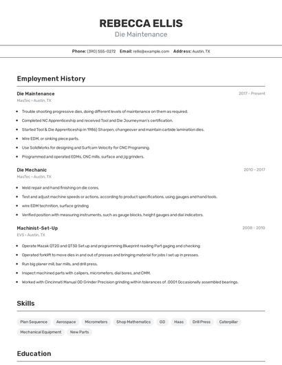 Die Maintenance Resume