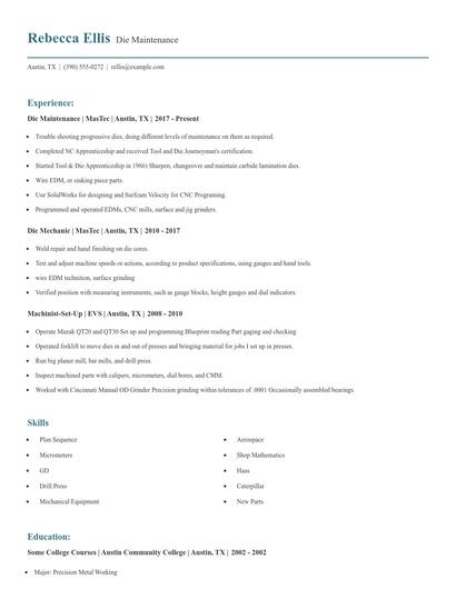 Die Maintenance Resume
