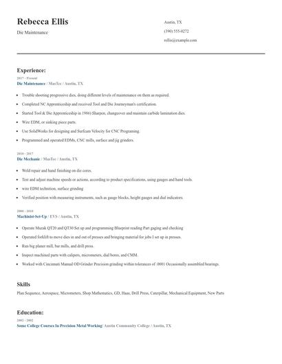 Die Maintenance Resume