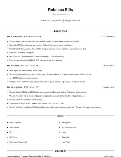 Die Maintenance Resume