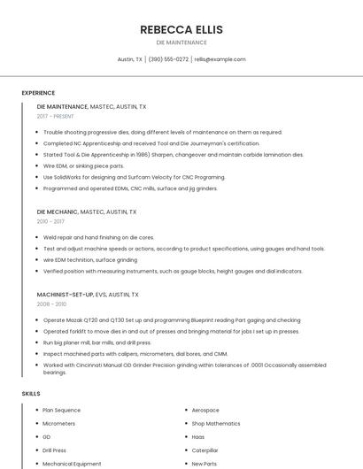 Die Maintenance Resume