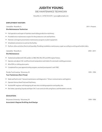 Die Maintenance Technician Resume