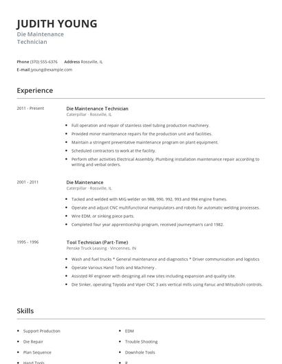 Die Maintenance Technician Resume