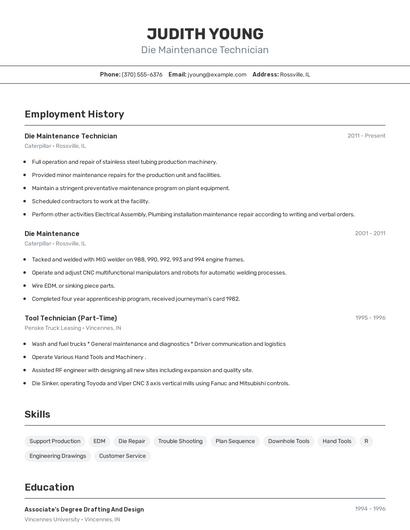 Die Maintenance Technician Resume