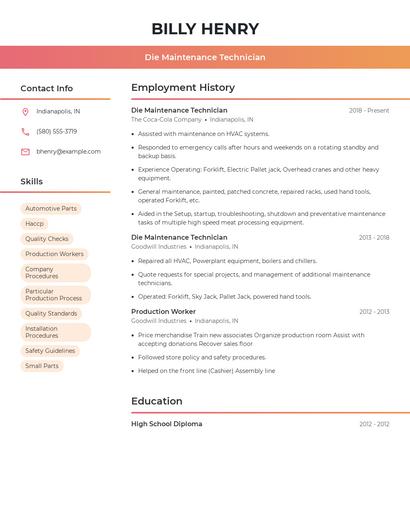 Die Maintenance Technician Resume