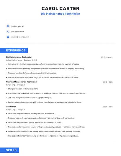 Die Maintenance Technician Resume