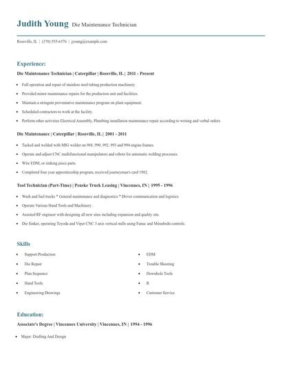 Die Maintenance Technician Resume