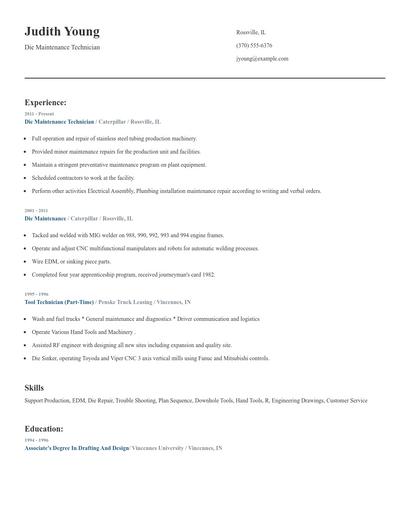 Die Maintenance Technician Resume
