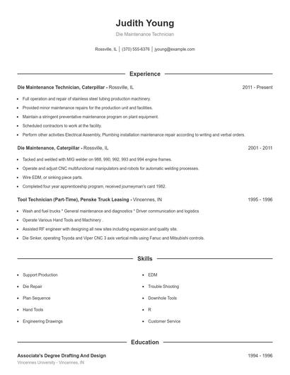 Die Maintenance Technician Resume