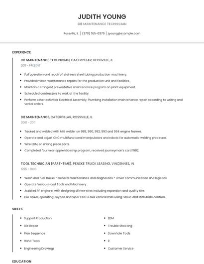Die Maintenance Technician Resume